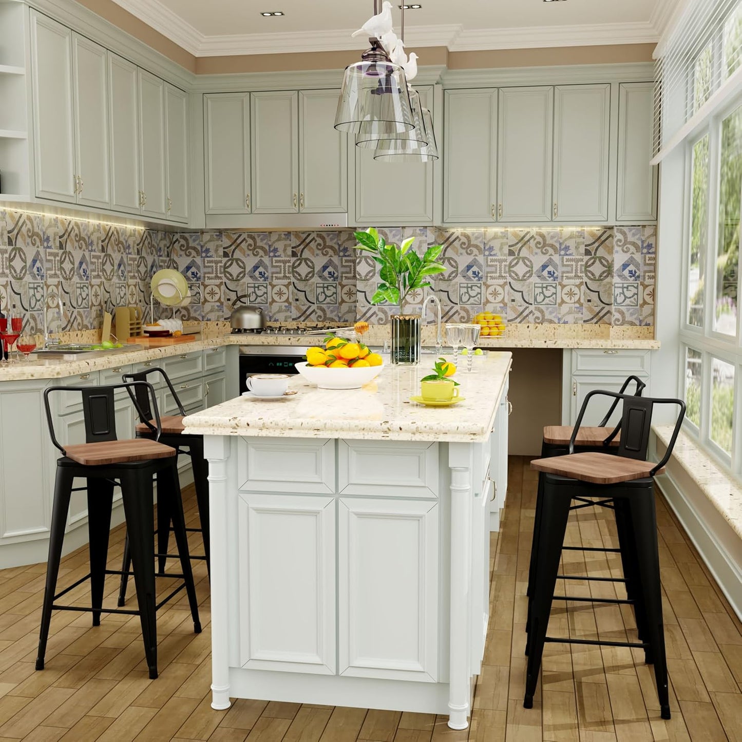 26 Inch Swivel Bar Stools Set of 2 with Backs Counter Height Industrial Metal Barstools Island Bar Chairs for Home Kitchen Dining Room (Swivel 26 inch,Matte Black Wooden)