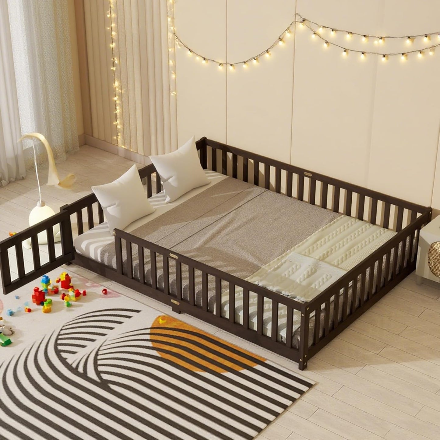 Queen Size Floor Bed Frame with Slats and Safety Guardrail, Wood Queen Size Montessori Floor Bed with Door and Fence, Easy Assemble Montessori Beds for Kids, Girls, Boys, Espresso