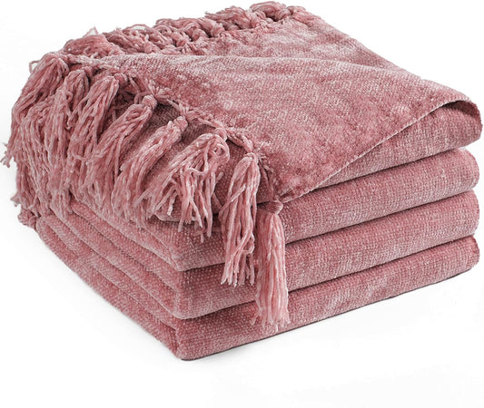 Chenille Throw Blanket for Couch 50"X 60", Soft Cozy Throws with Fringe Tassel for Bed Sofa Chair Cover, Lightweight Knitted Decorative Boho Blankets for Living Room, Mauve