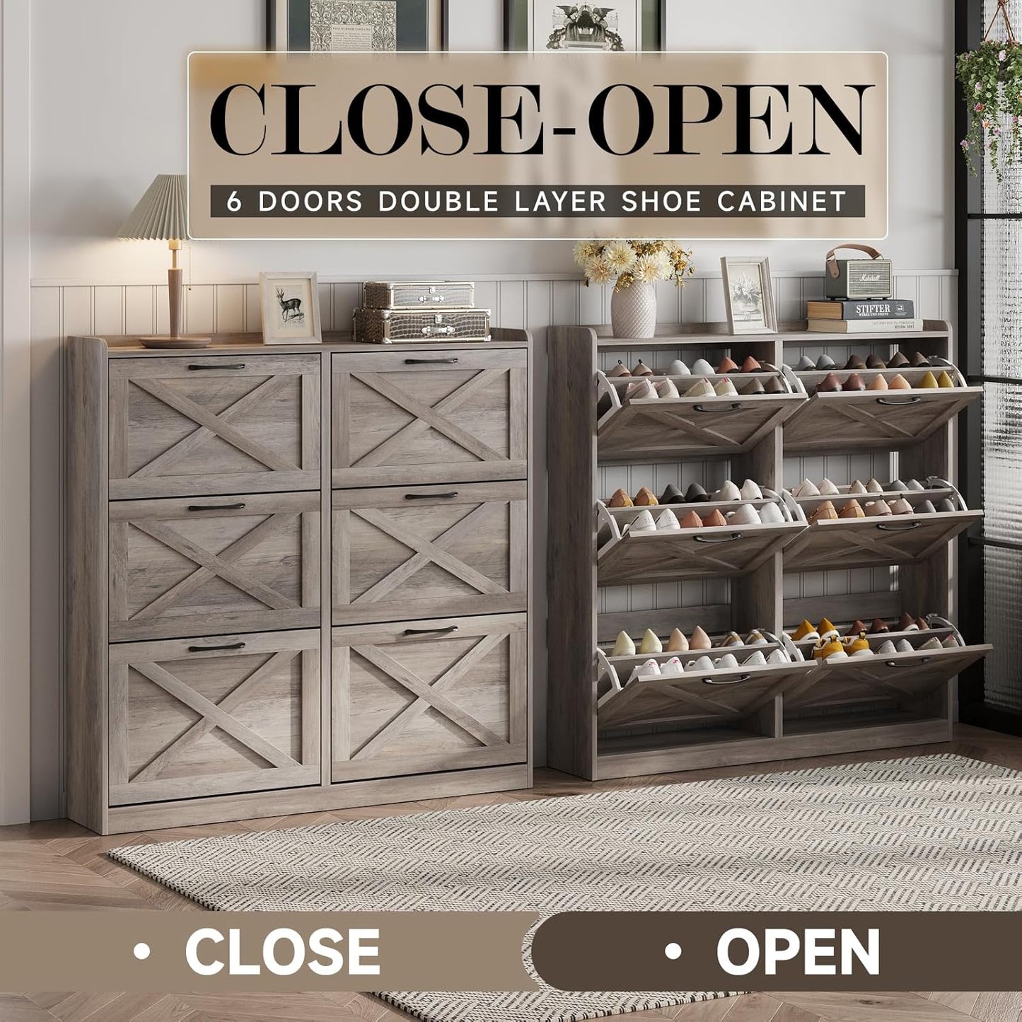 Maupvit Large Shoe Storage Cabinet with 6 Flip Drawers, Freestanding Shoe Organizer with Metal Handles for Entryway, Narrow Shoe Rack Cabinet, Washed Gray