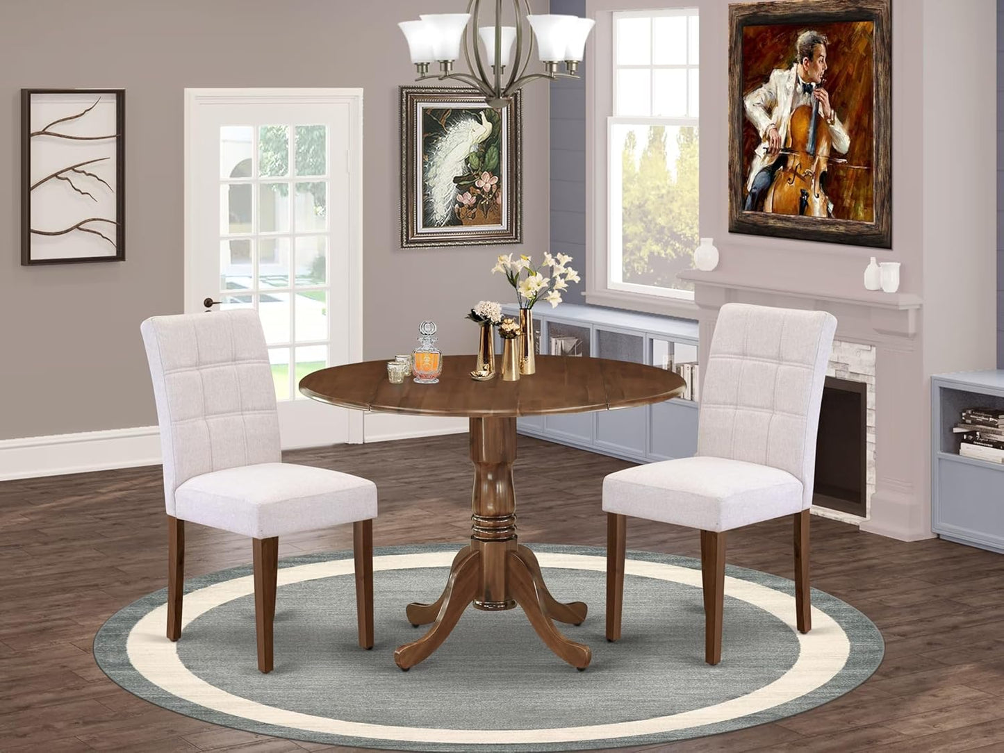East West Furniture DLAS3-AWA-08 3 Piece Dinner Table Set Includes A Mid Century Modern Table and 2 Mist Beige Polyester Fabric Dinning Chairs, Antique Walnut