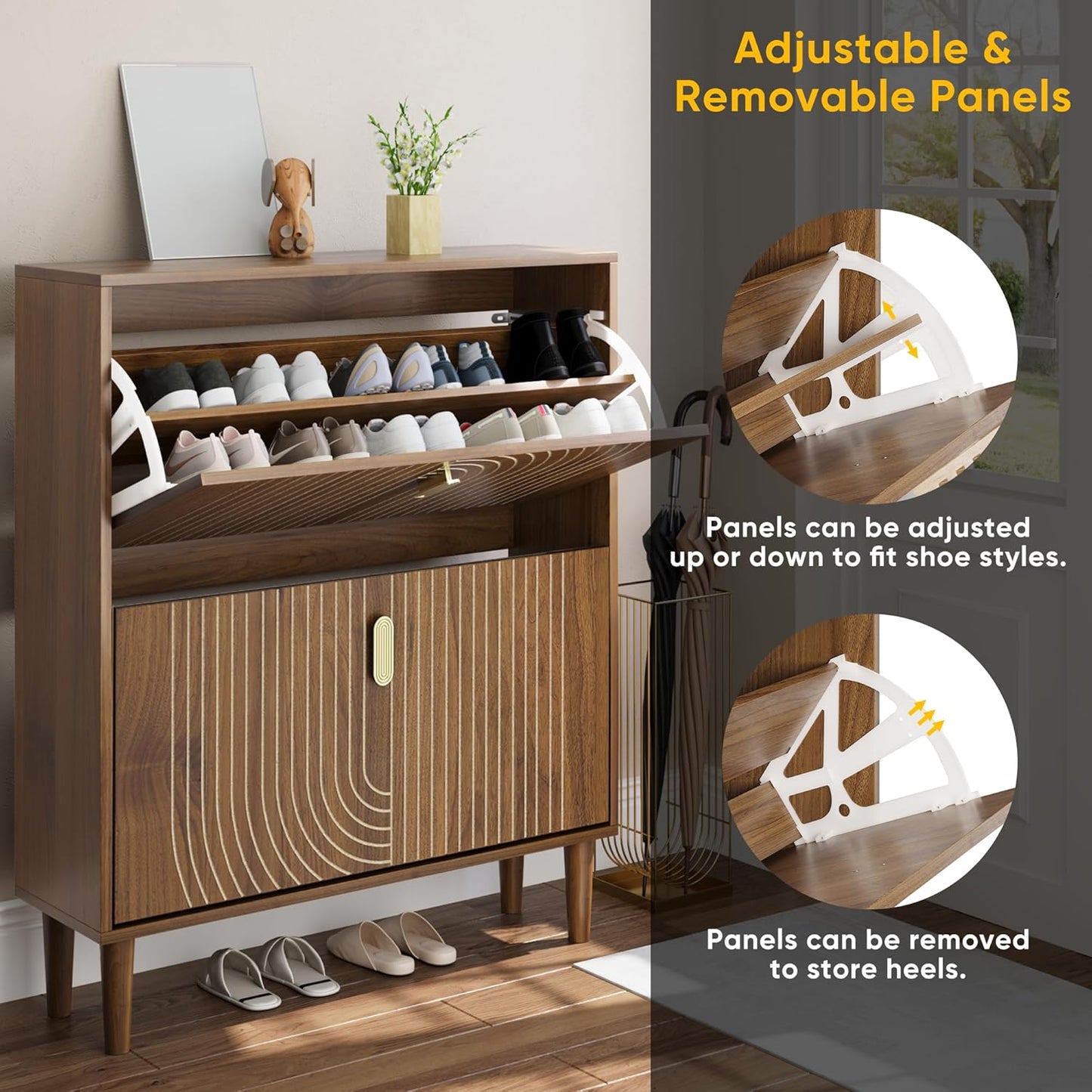 Smuxee Shoe Cabinet with 2 Flip Drawers, 31.5" Walnut Hidden Shoe Storage Cabinet with Line Groove Design, Freestanding Shoe Organizer Cabinet for Entryway, Hallway, Living Room