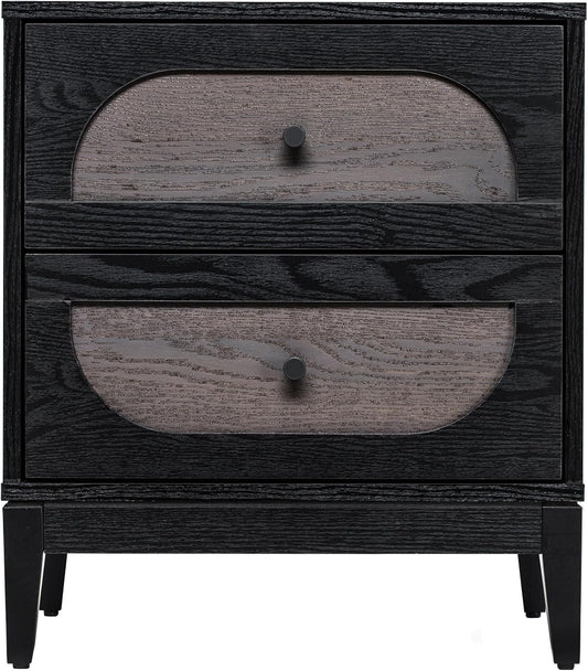 Sango Arch 2-Drawer Nightstand, Modern Black Wood Bedside Table with Two-Tone Finish, Storage Drawers, Sturdy Legs, Minimalist Stylish Furniture for Contemporary Homes