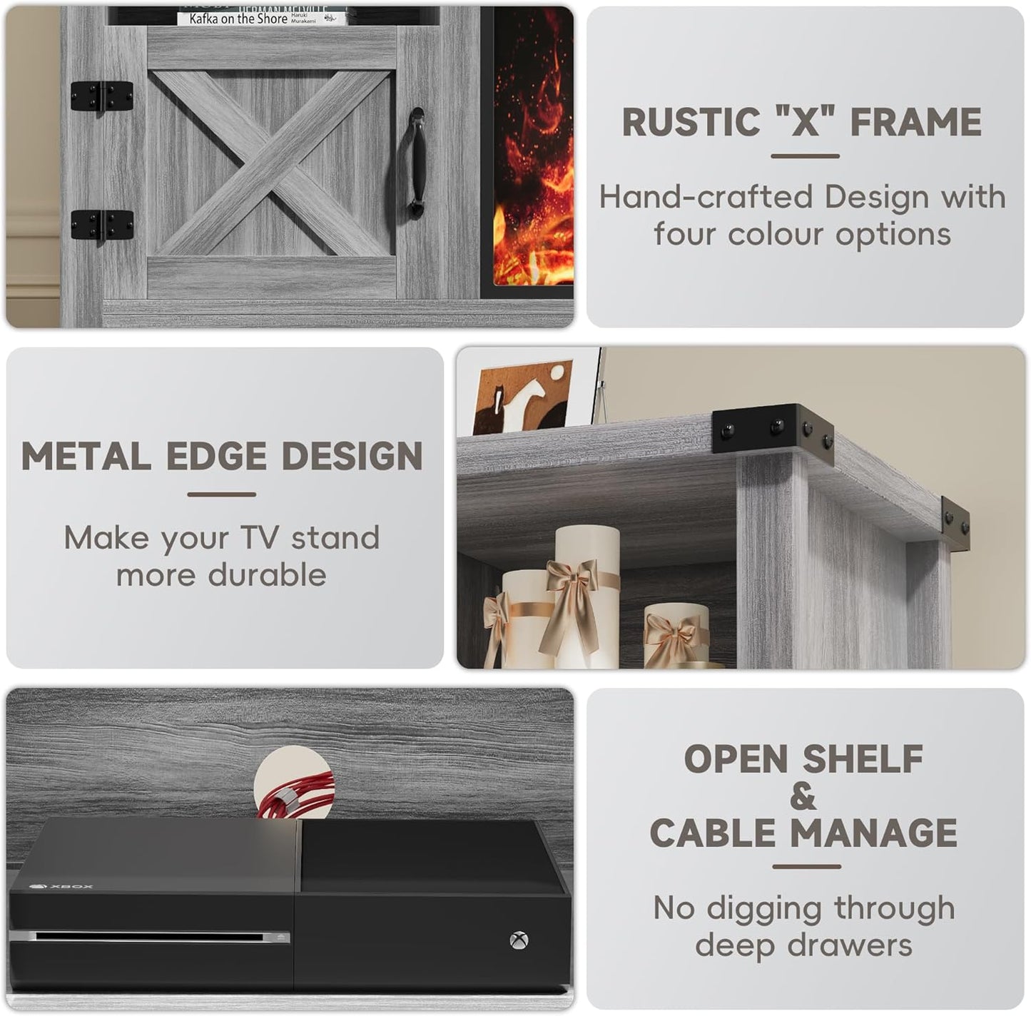 YESHOMY Fireplace TV Stand with Barn Doors and Open Display Shelf, Farmhouse Media Console with Hidden Cable Routing, Entertainment Center for Televisions up to 65+ Inch, Gray Wash