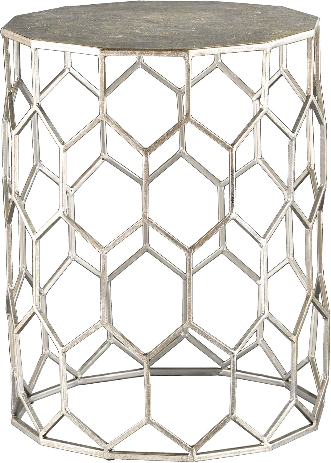 SEI Furniture Clarissa Metal Honeycomb Accent Table, Geometric Style Round Console Table With Faux Leather Top for Living Room, Silver, 13.75 in x 13.75 in x 18.25 in