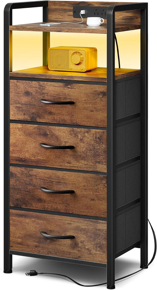 Night Stand Bedside Table Bedroom - Tall Nightstand with Charging Station & LED Light Strip, Bed Side Table with Storage Shelf & 4 Drawers, End Table with U-S-B Ports & AC Outlets, Brown