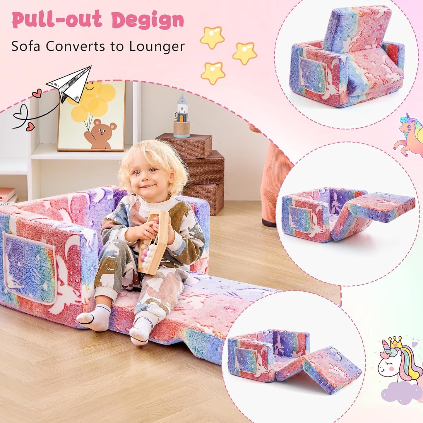 Toddler Couch,Toddler Chair,2-in-1 Baby Seat Furniture Fold Out, Convertible Sofa to Lounger Comfy Glow in The Dark Sofa Bed,Gifts for Kids Girl Boys,Elf Unicorn,Medium