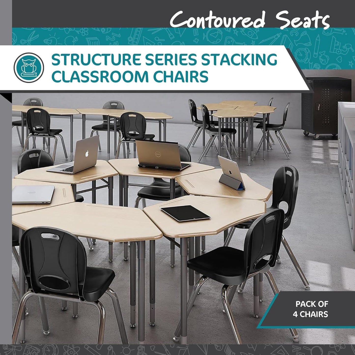Learniture LNT-118-CSW-BK Learniture Structure Series Stackable School Chairs for Classroom, 18" Seat Height, Black, Pack of 4