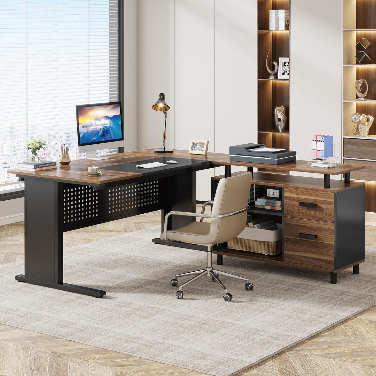 LITTLE TREE Large Computer Desk with File Cabinet, 63 Inch L Shaped Executive Office Desk with Drawers and Storage Shelves, Business Furniture Workstation for Home Office