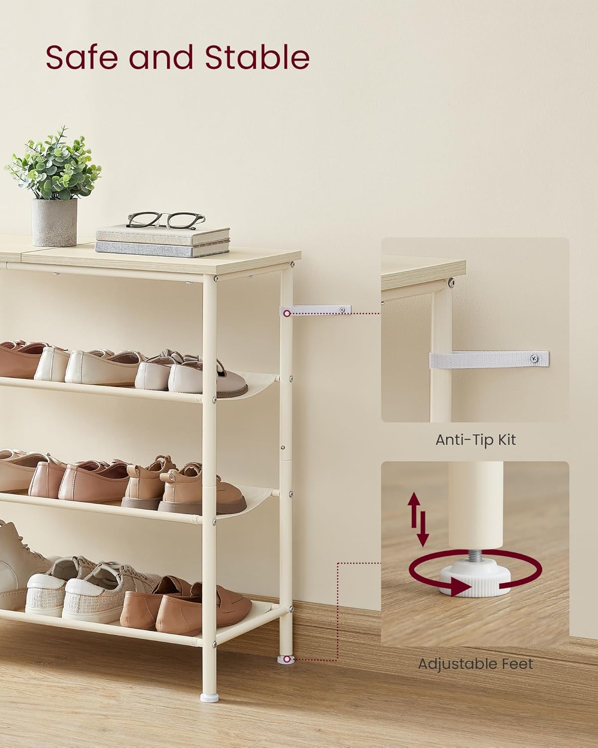 VASAGLE Shoe Rack, 4-Tier Shoe Storage Organizer for Entryway and Closet, Holds 9-12 Pairs of Shoes, 3 Fabric Shelves, Steel Frame, Modern, Natural Beige and Pearl White ULBS035K01