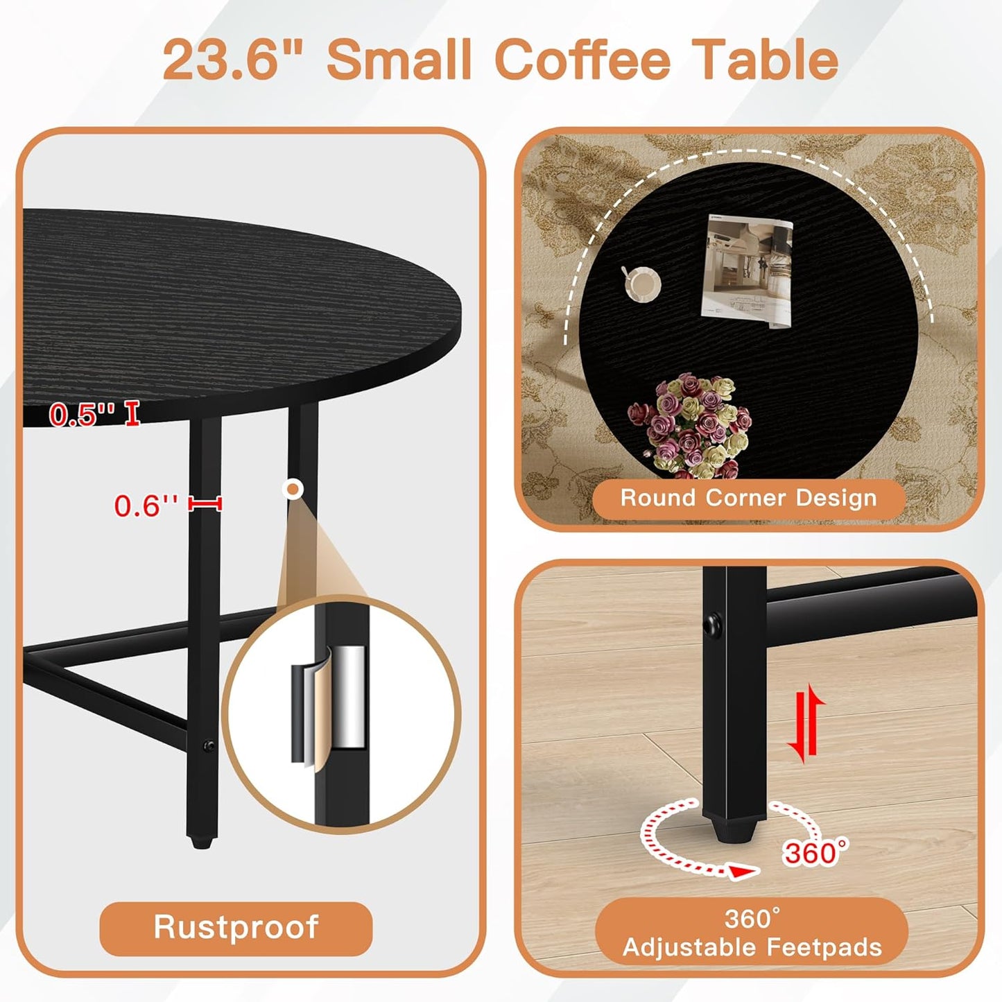 Coffee Table, 23.6" Coffee Tables for Living Room, Round Coffee Table with Metal Frame, Floor Table for Sitting on The Floor, Home, Office, Black