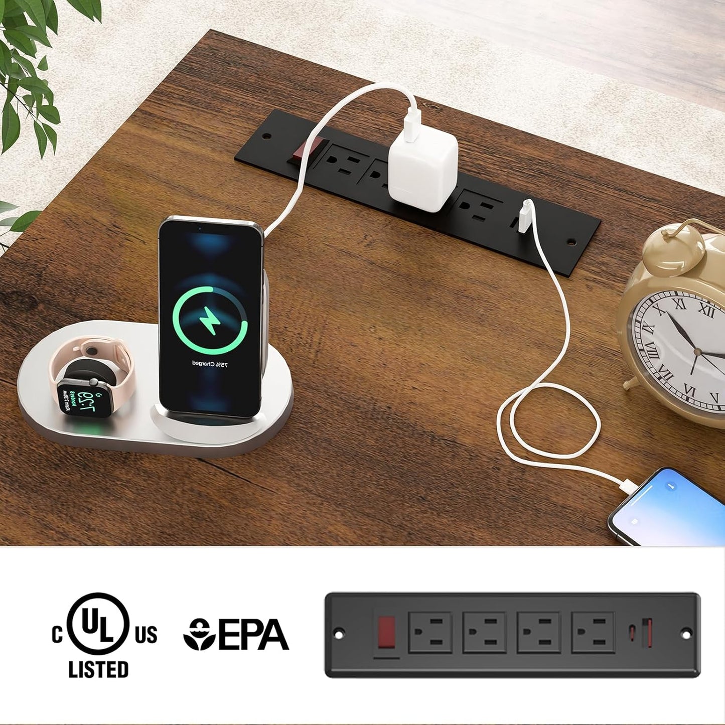 Farmhouse 47" Executive Desk, Computer Desk with 2 Drawers and Storage Cabinet, Home Office Desk with Hutch, Charging Hub, Workspace for Work and Study, Antique White