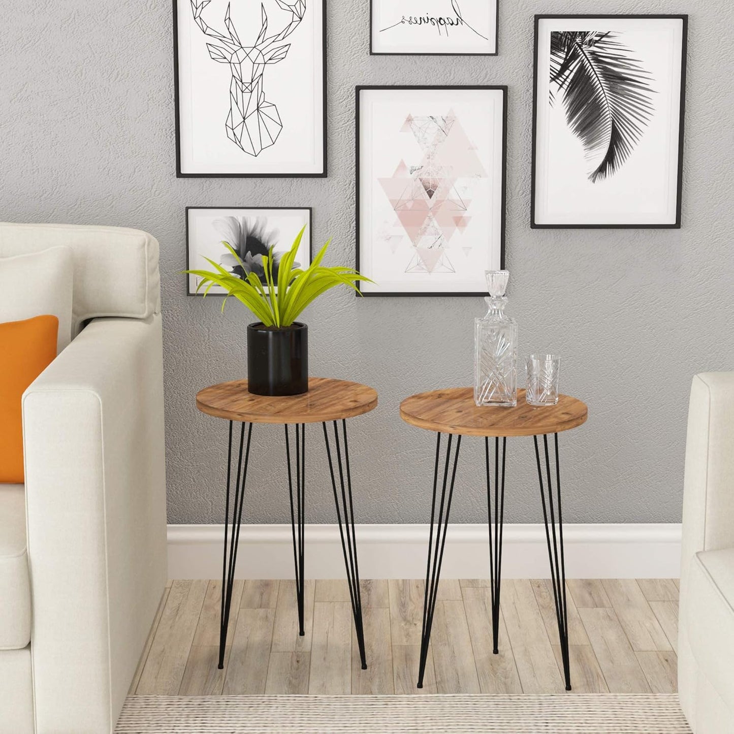 PAK HOME - Set of 2 End Table – Pine Wood Round Wood Sofa Side Coffee Tables for Small Spaces, Nightstand Bedside Table with Black Metal Legs for Bedroom, Living Room, Home Office, Balcony