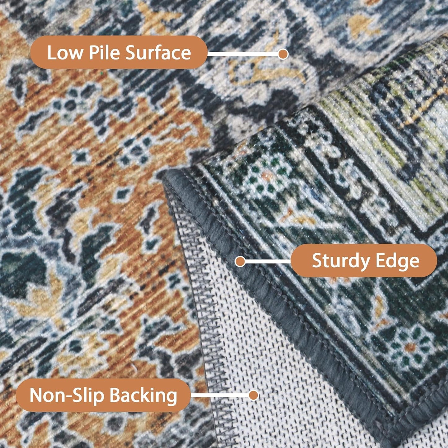 10X14 Area Rugs Machine Washable Rugs for Living Room, Vintage Boho Large Rugs for Bedroom Dining Room, Non Slip Indoor Soft Distressed Lightweight Thin Low Pile Carpet, Beige Blue Grey