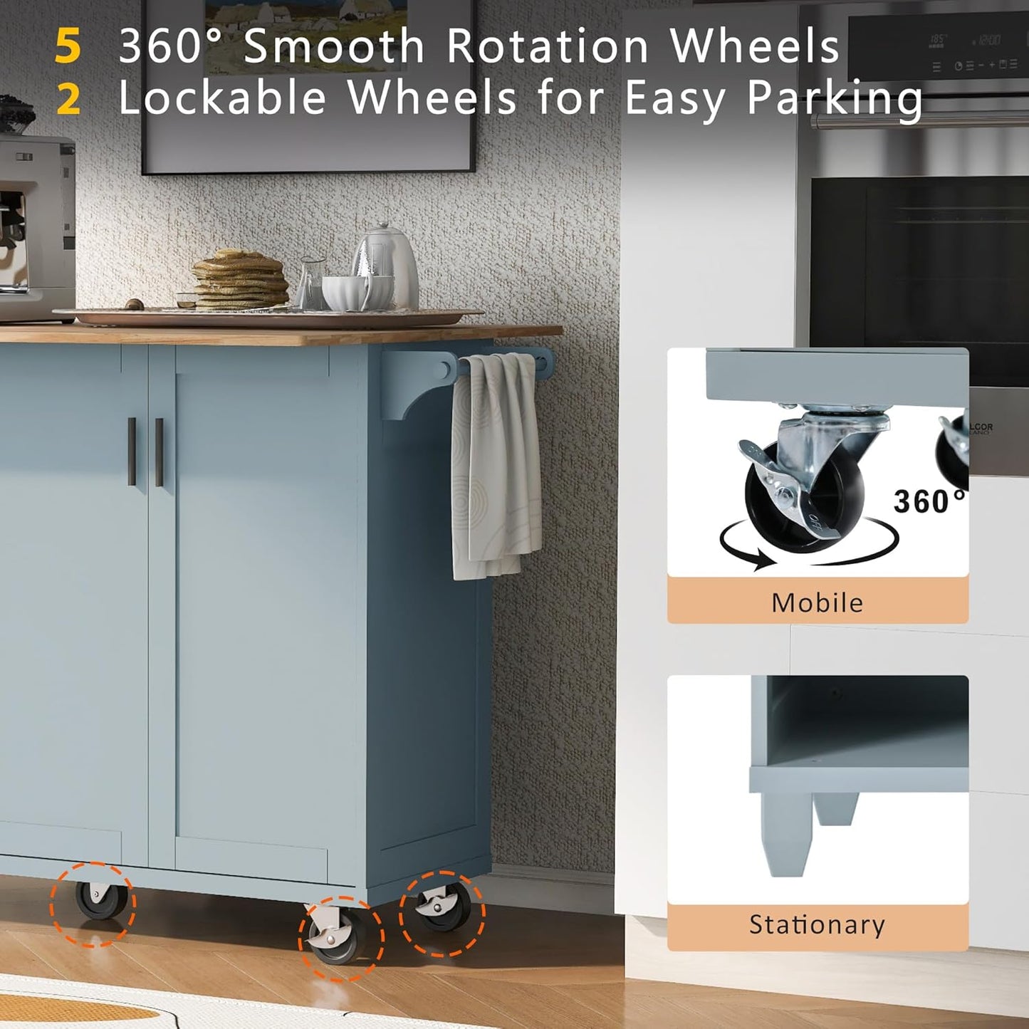 49" Kitchen Island with Foldable Counter Top,Kitchen Storage Cart W/Slide-Out Shelf,Towel Rack and Drawer,Rolling Kitchen Cart on Wheels,for Kitchen,Living Room,Dining Room,Grey Blue