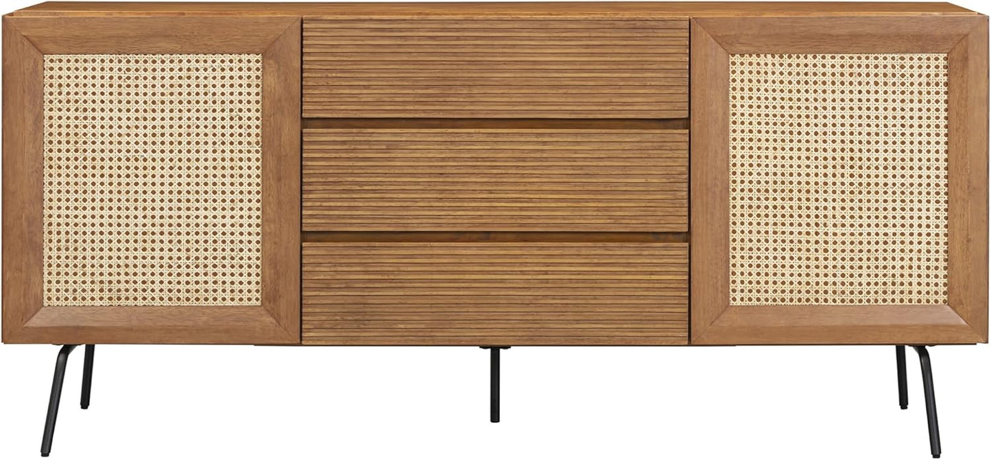 NTC MOSSIC Modern Sideboard with 4 Doors, Natural Rattan Storage Cabinet, Buffet with Metal Legs, Boho Accent Cabinet for Living Room, and Entryway, Effortless Assembly, Teak Look