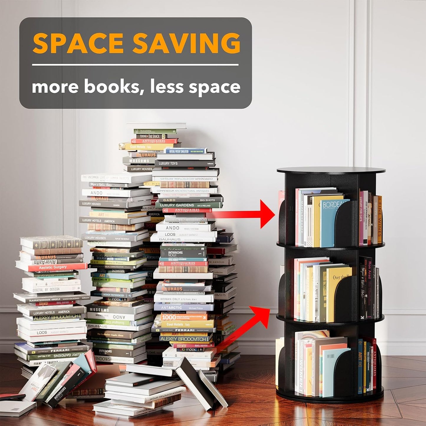 SpaceAid 3 Tier Rotating Bookshelf Tower, Spinning Bookcase Lazy Susan, Revolving 360 Book Shelf Storage Round Carousel, Vertical Rotate Turning Spiral Corner Organizer, Black