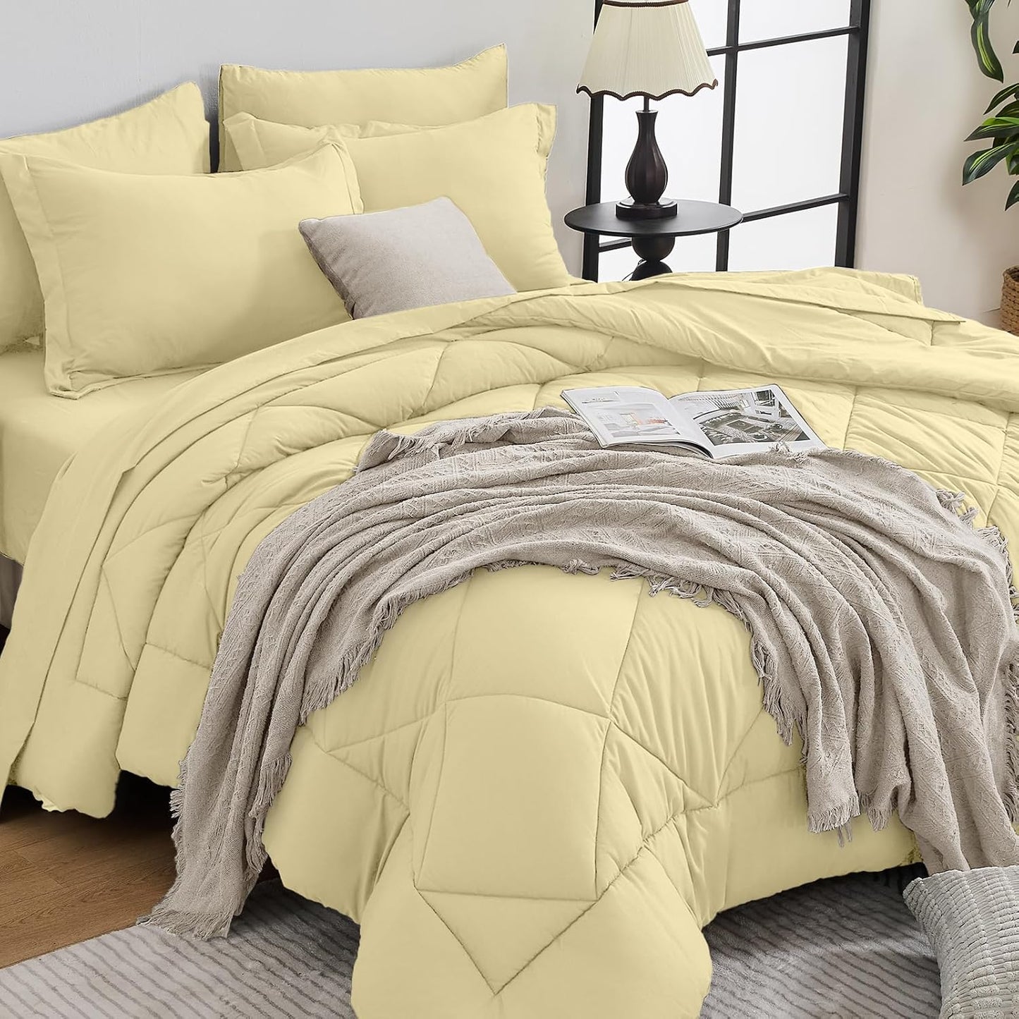 HEVUMYI Cream Yellow Full Comforter Set - 7-Piece All Season Bed in a Bag Full, Ultra Soft Bedding Set with Comforter, Flat Sheet, Fitted Sheet, Pillowcases, Pillow Shams