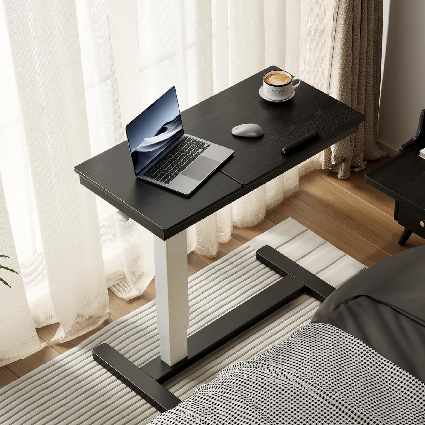 Solid Wood Overbed Bedside Table with Wheels,Tilt Top Hospital Bed Table Adjustable Over The Bed,Rolling Bed Desk for Hospital and Home Use (Black)