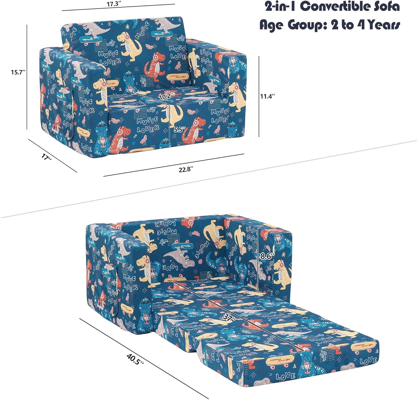 Ulax furniture Kids Sofa Couch, Children Flip-Out Chair 2-in-1 Toddler Chairs Convertible Sofa to Lounger