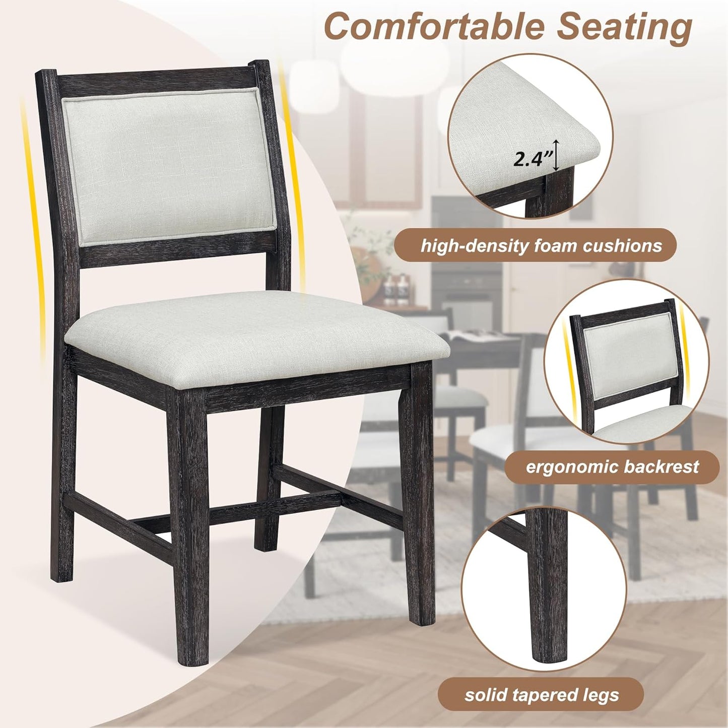 Merax 7 Pieces Retro Dining Set for 6, Rectangular Wood Dining Table with 6 Upholstered Chairs for Kitchen, Living Room, Espresso