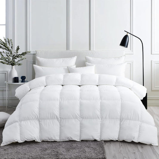 Luxurious White Solid Medium Weight, California King Size Goose Feathers Down Comforter for All-Season Weather Duvet Insert, Premium Baffle Box, 100% Egyptian Cotton Cover, 70 oz. Fill Weight
