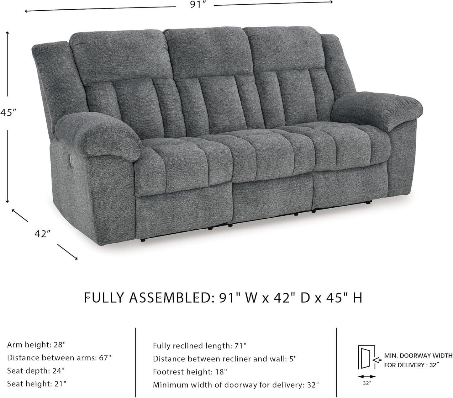 Signature Design by Ashley Tip-Off Modern Wall Hugger Power Reclining Sofa with Adjustable Headrest and USB Ports, Gray