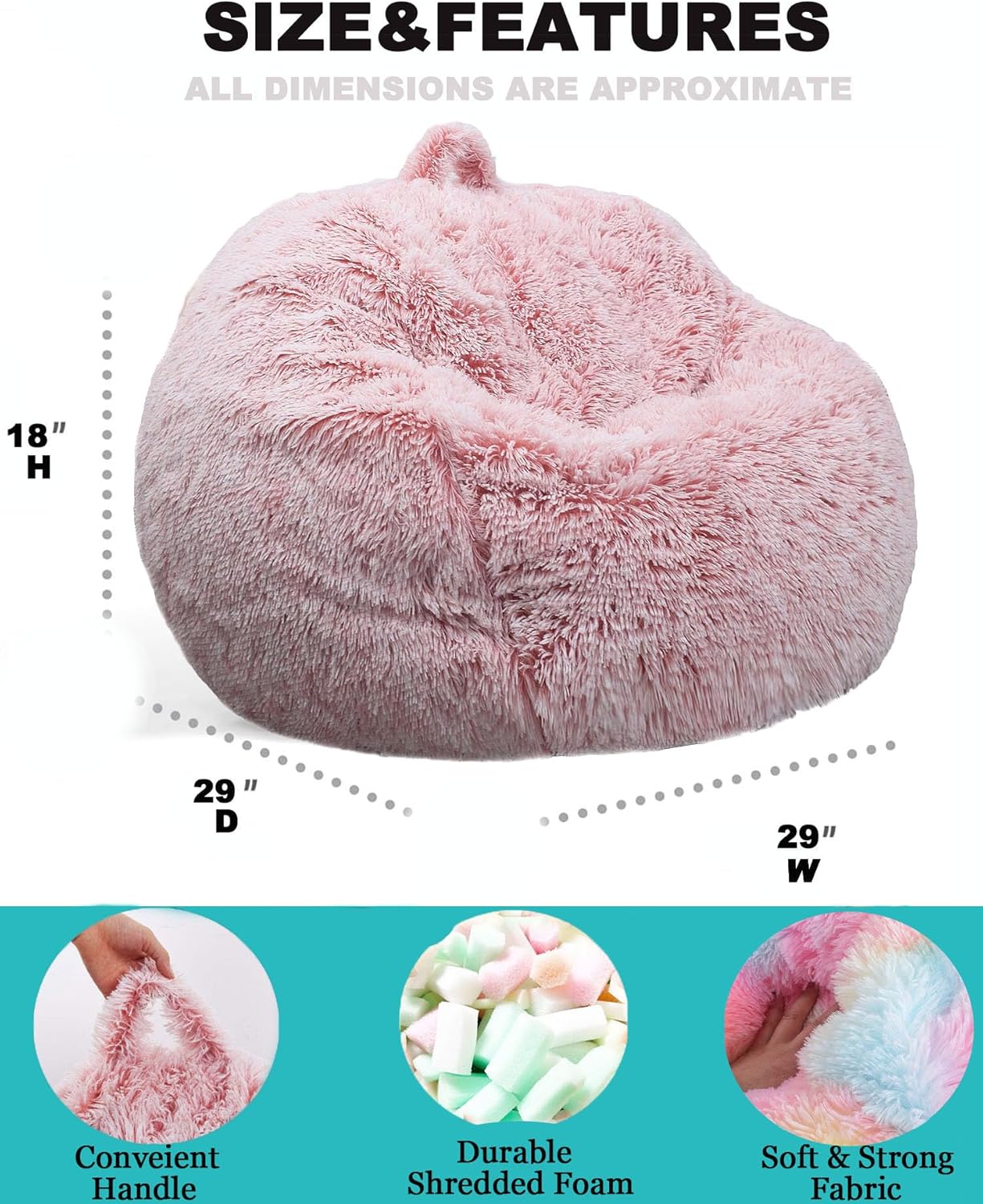 Fluffy Bean Bag Chair for Kids, 2.5FT Round Memory Foam Filled Bean Bag for Teens & Kids, Ultra Soft Faux Fur Fabric Bean Bag Chairs for Playroom, Living Room, Bedroom,Pink