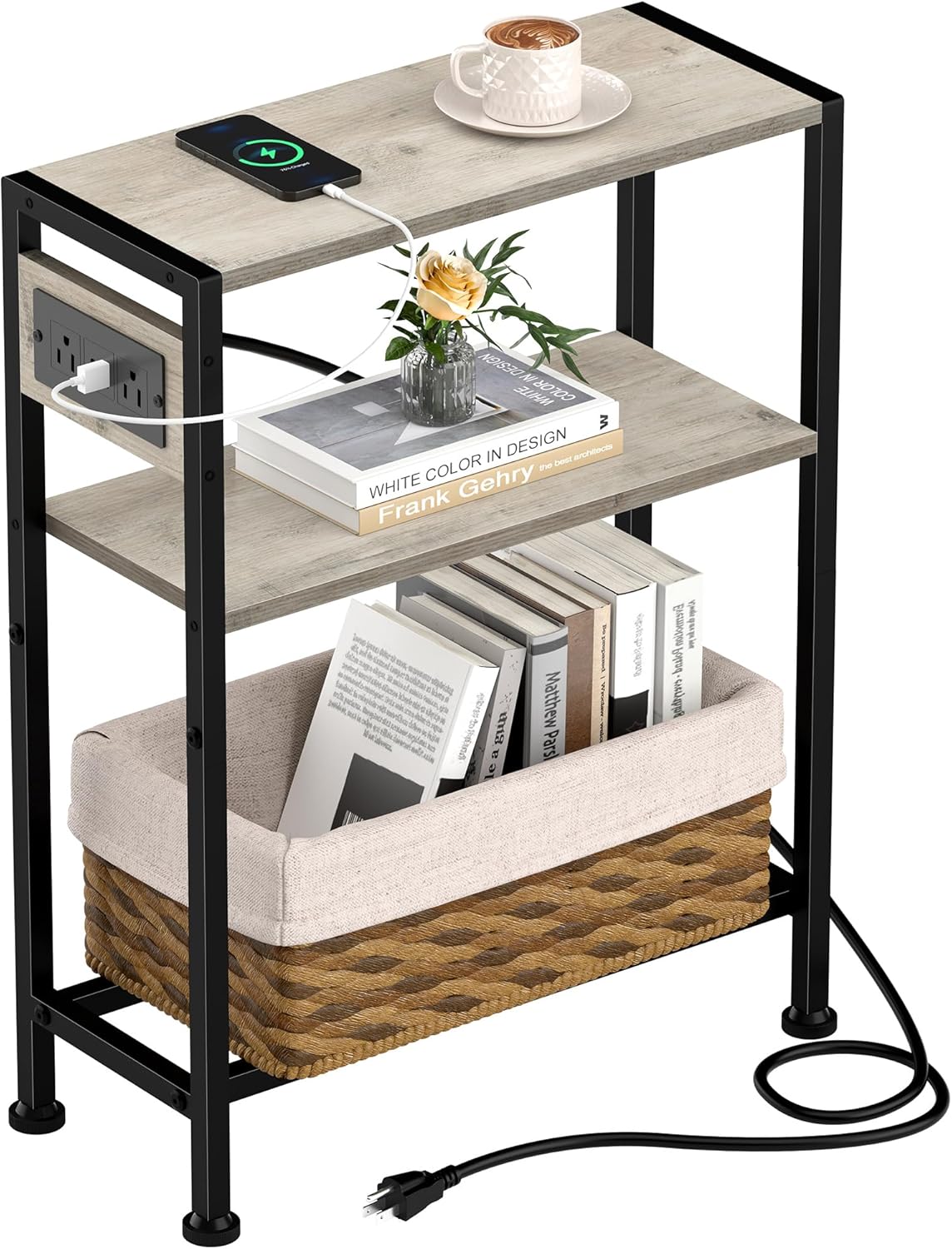 Small Narrow Side Table with Charging Station, Skinny End Table for Small Spaces, Slim Nightstand with Outlets, Sofa Bedside Table in Living Room, Bedroom, Kitchen and Balcony (Greige)