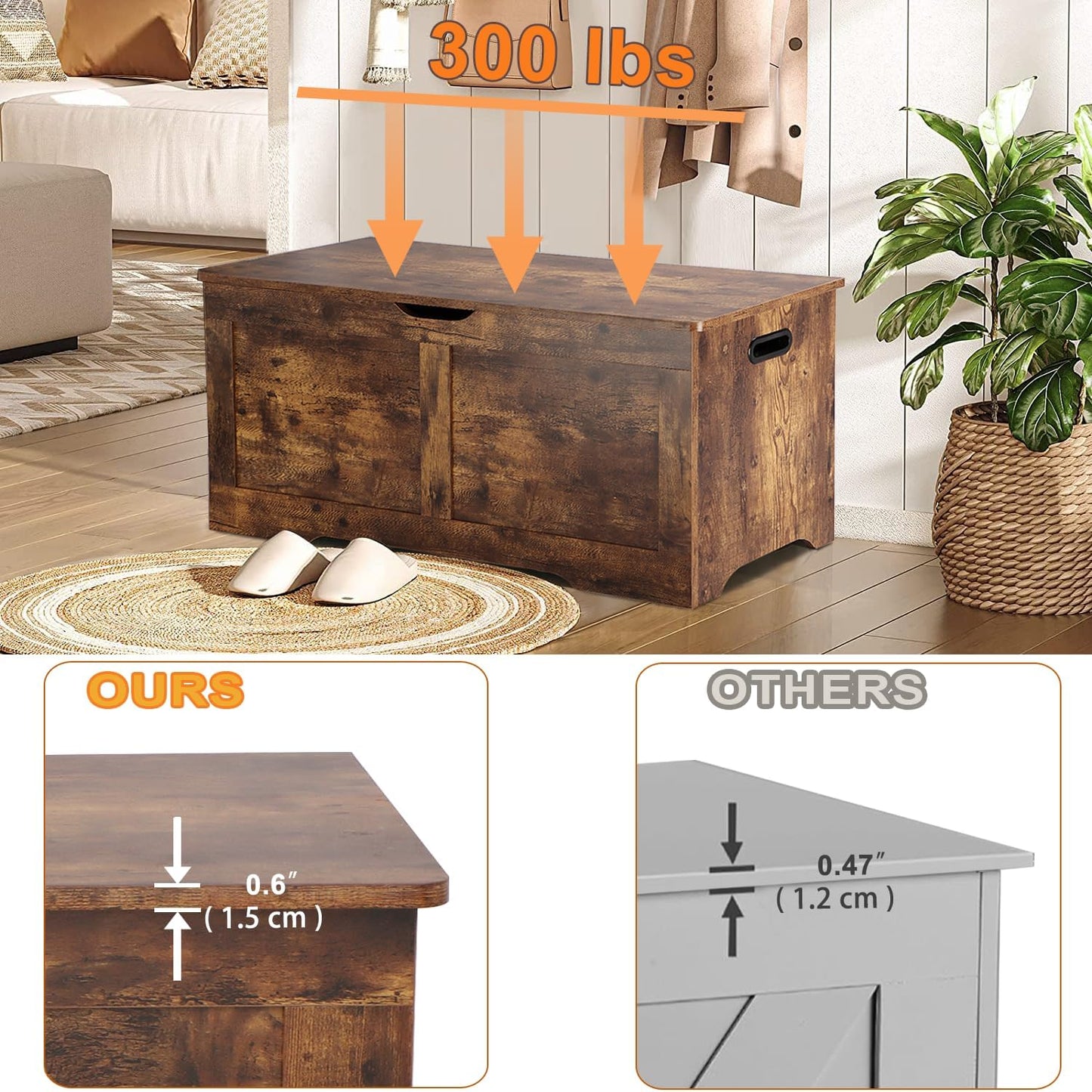 39.4" Storage Chest, Wooden Storage Bench, Lift Top Toy Chest with 2 Safety Hinges, Large Toy Box, Entryway Bench for Living Room, Bedroom, Rustic Brown