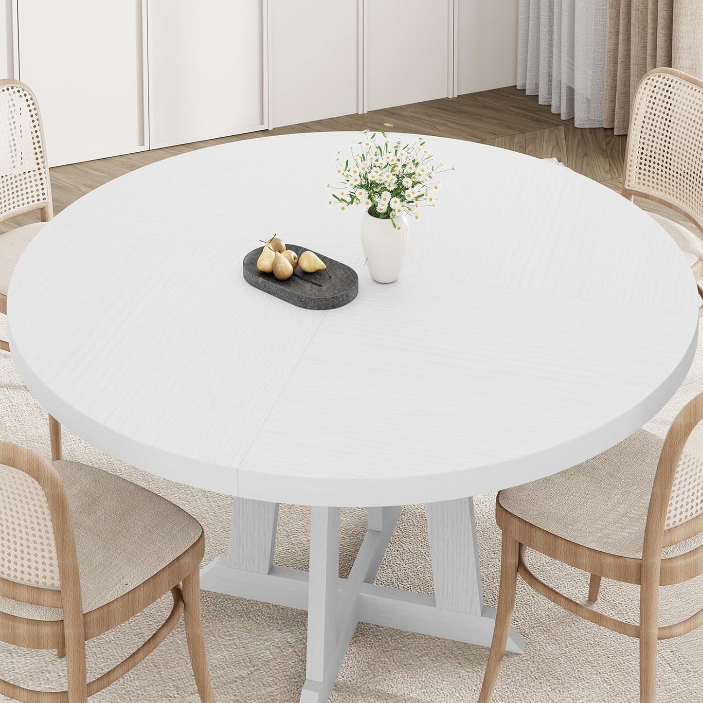 GarveeHome Round Dining Table for 4,Kitchen Dining Room Circle Dinner Pedestal Table,Space Saving Wood Kitchen & Dining Room Furniture,White 47-inch Diameter