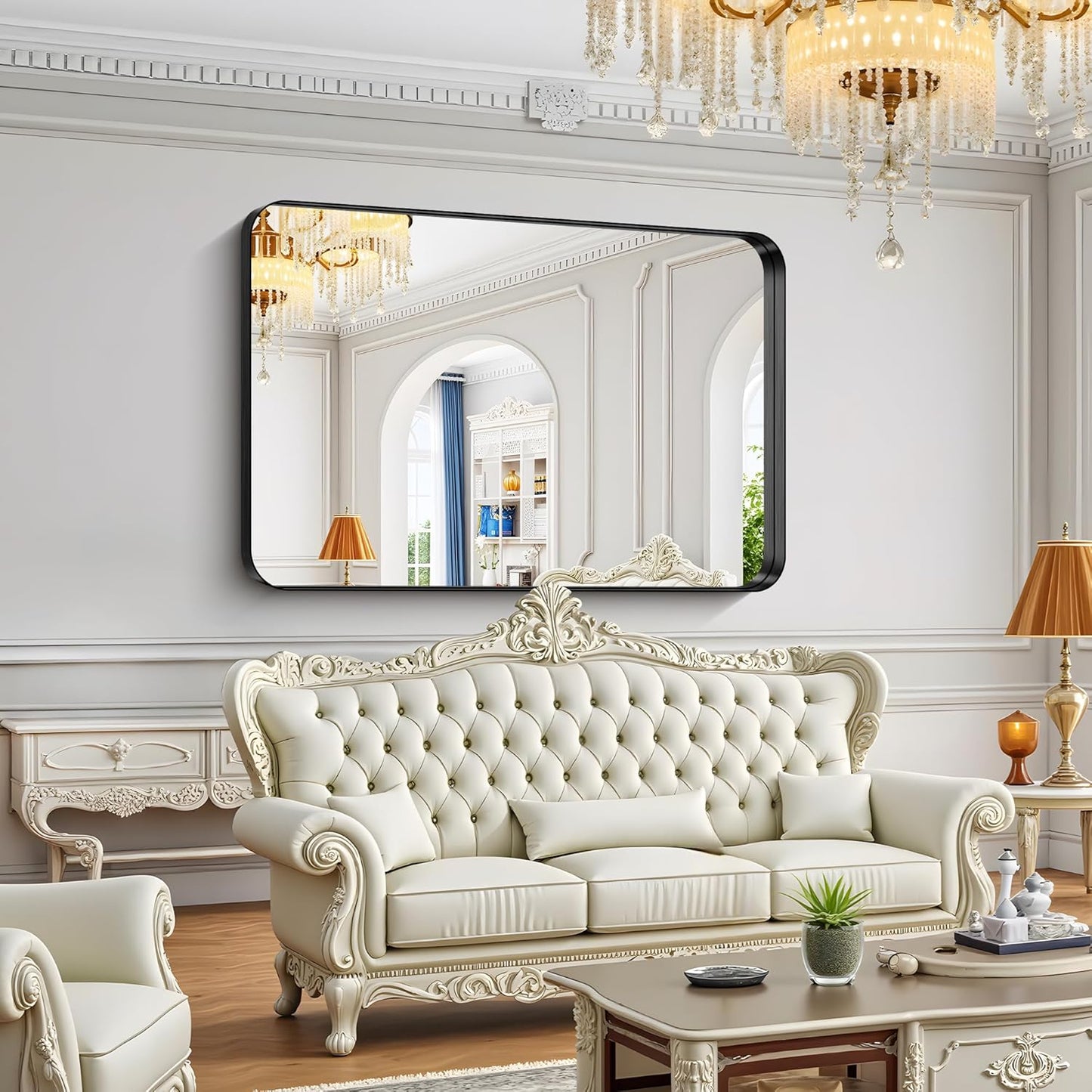 FORBATH 60x40 Inch Large Bathroom Mirror for Double Sinks, Brushed Black Deep Frame Wall Mirror with Rounded Corners, Anti-Rust Tempered Glass for Modern Farmhouse Vanity (Horizontal/Vertical)