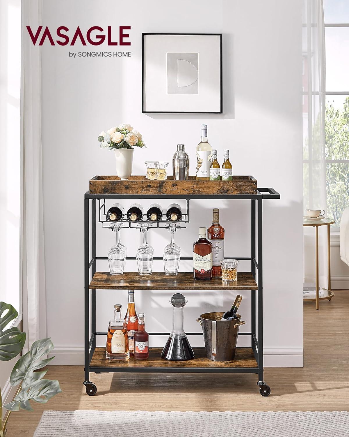 VASAGLE Kitchen Serving Cart with Removable Tray, 3-Tier Kitchen Utility Cart on Wheels with Storage, with Brakes, Leveling Feet, 15.7 x 34.6 x 37.8 Inches, Rustic Brown and Black ULRC093B01
