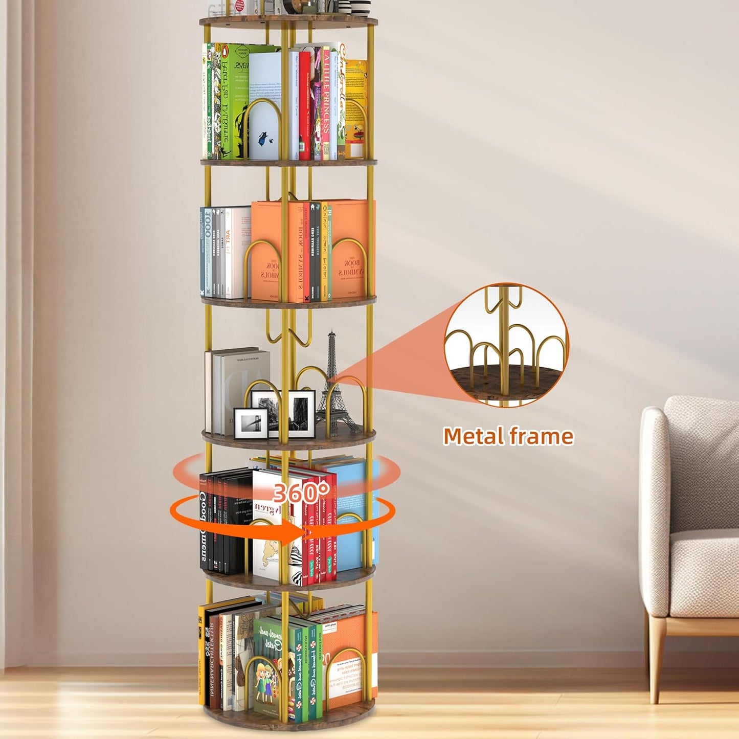 5 Tier Rotating Bookshelf, 360° Spinning Bookshelf Tower, Round Narrow Space Saving for Books and Display, Revolving Bookcase Corner Tall Book Shelf for Small Spaces, Bedroom, Living Room, Gold