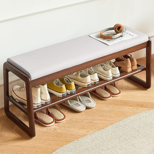 Solid Wood Shoe Bench, 2-Tier Wooden Storage Entryway Bench, Mid-Century Modern Shoe Bench Rack, End of Bed Bench with Faux Leather Cushion, Ottoman Bench for Hallway, Living Room (Cream Grey 31.5'')