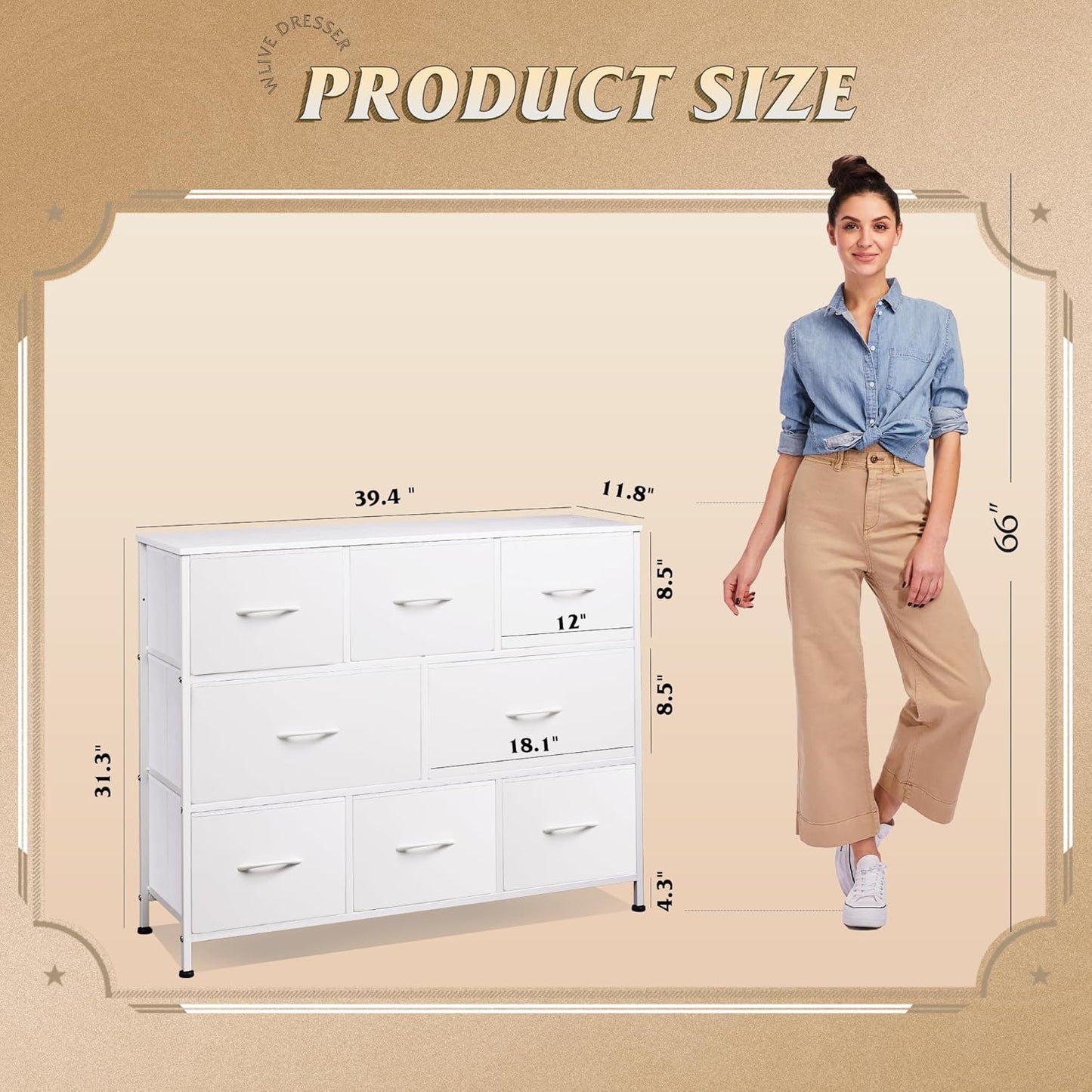 WLIVE 8 Drawer Dresser for Bedroom, Fabric White Dresser with Large Storage Drawer Unit for Entryway, Chest of Drawers for Living Room