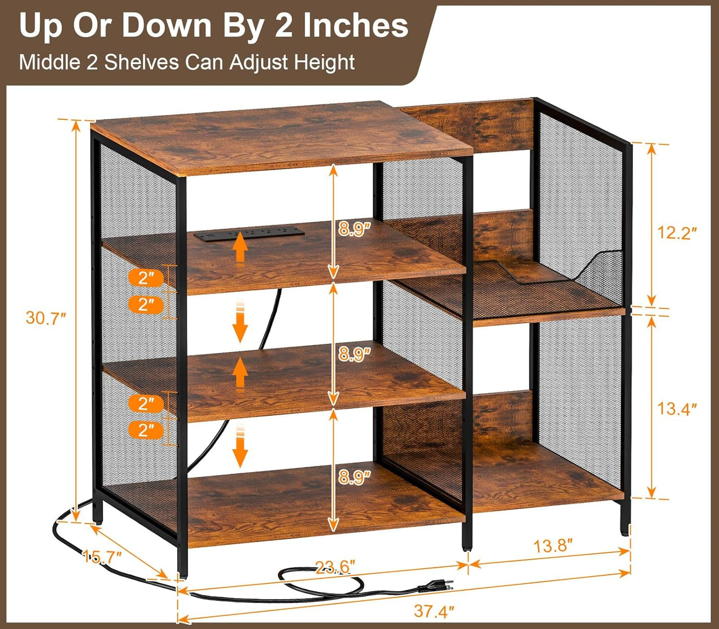 Large Record Player Stand Table with vinyl record holder, AV Media Stand With Charging Station & USB Ports, Stereo Cabinet Stand with Led Strip Light, Sturdy, Adjustable Feet, Rustic, Large Capacity