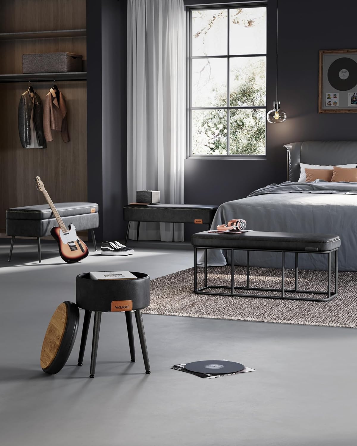 VASAGLE EKHO Collection - Storage Bench for Entryway, Ottoman Bench with Steel Frame, 43.3-Inch Wide, Synthetic Leather, Living Dining Room, Mid-Century Modern, Loads 660 lb, Ink Black ULOM085B01