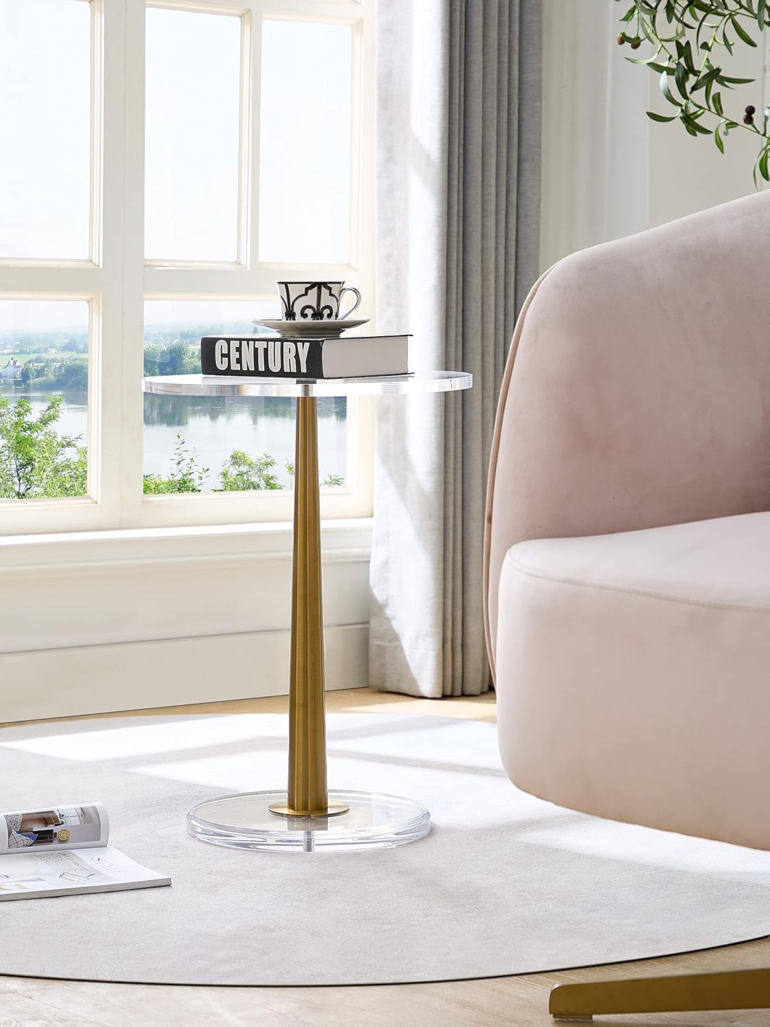 Clear Acrylic Table with Cone Metal Pole (Small, Brushed Gold) …