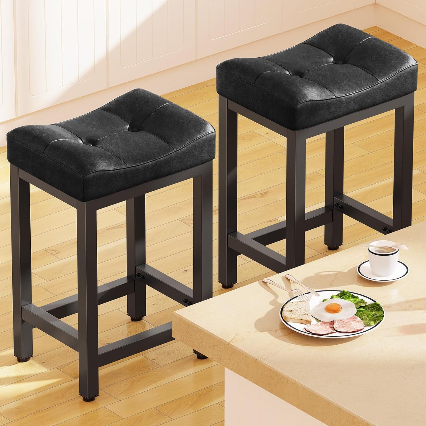 Dripex Backless Faux Leather Saddle Bar Stools Set of 2, 24 Inch Counter Height Barstools for Kitchen Island with 4" Thick Saddle Seats & Heavy Duty Metal Legs, Black