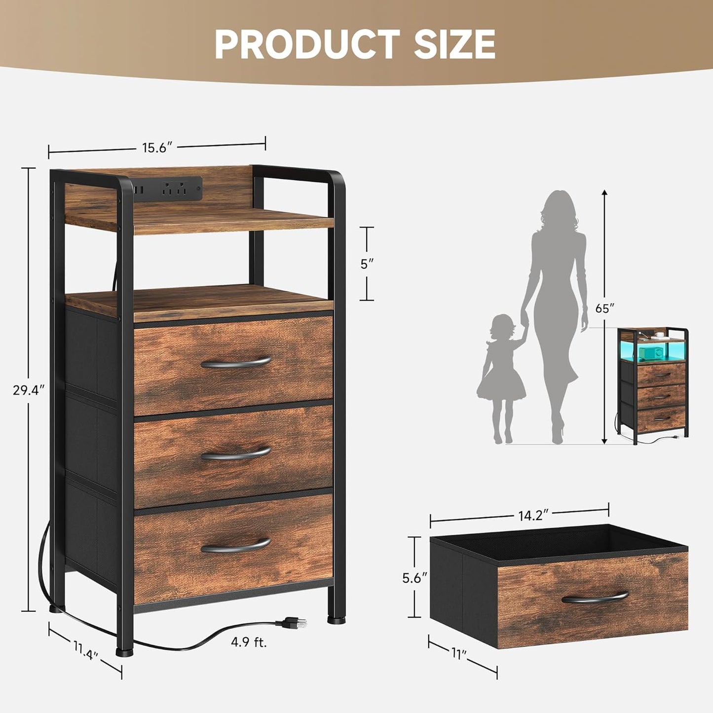 Night Stand Bedside Table Bedroom - Nightstand with Charging Station & LED Light Strip, Bed Side End Table with Storage Shelf & 3 Fabric Drawers, U-S-B Ports & AC Outlets, Rustic Brown