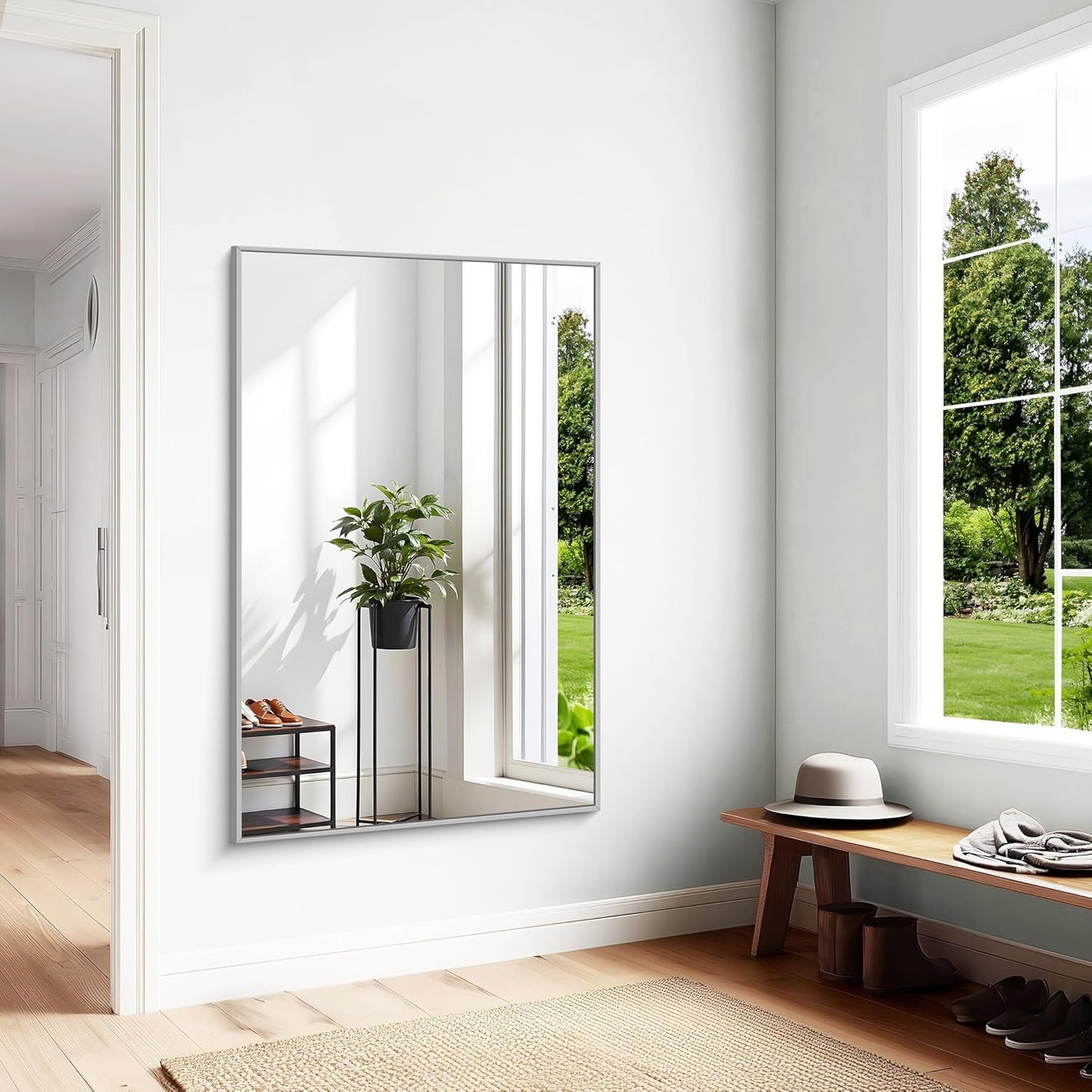 KOCUUY Large Silver Bathroom Mirror, 55x36 inch Rectangular Mirror for Bathroom Sink, Oversized Mirror with Metal Brushed Nickel Frame for Living Room, Farmhouse, Entryway, Hang Horizontal/Vertical