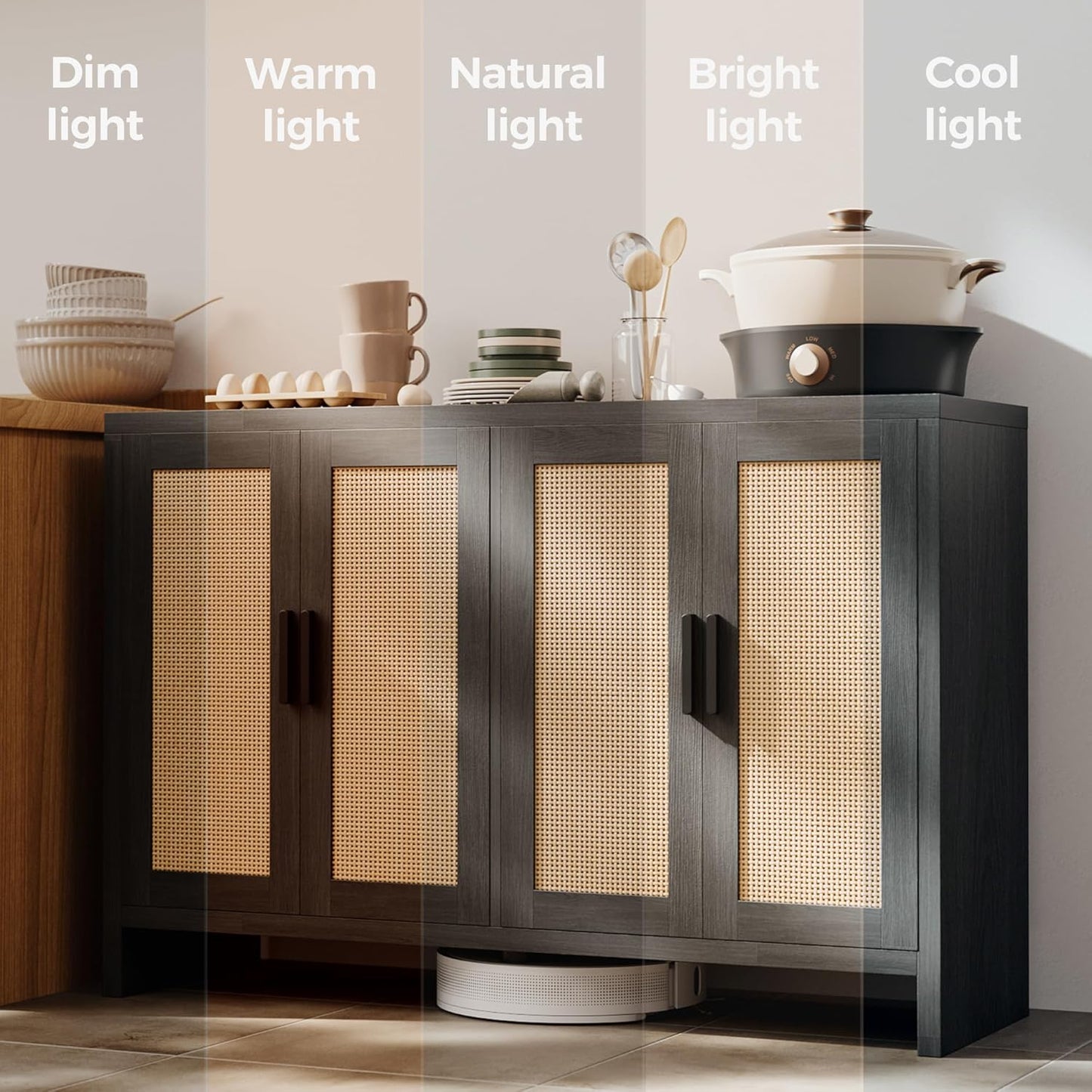 Rattan Buffet Cabinet with Storage, Sideboard with Doors, TV Stand, Farmhouse Side Board Coffee Bar, Modern Wood Storage Cabinets for Livingroom, Kitchen and Dining Room (Black)