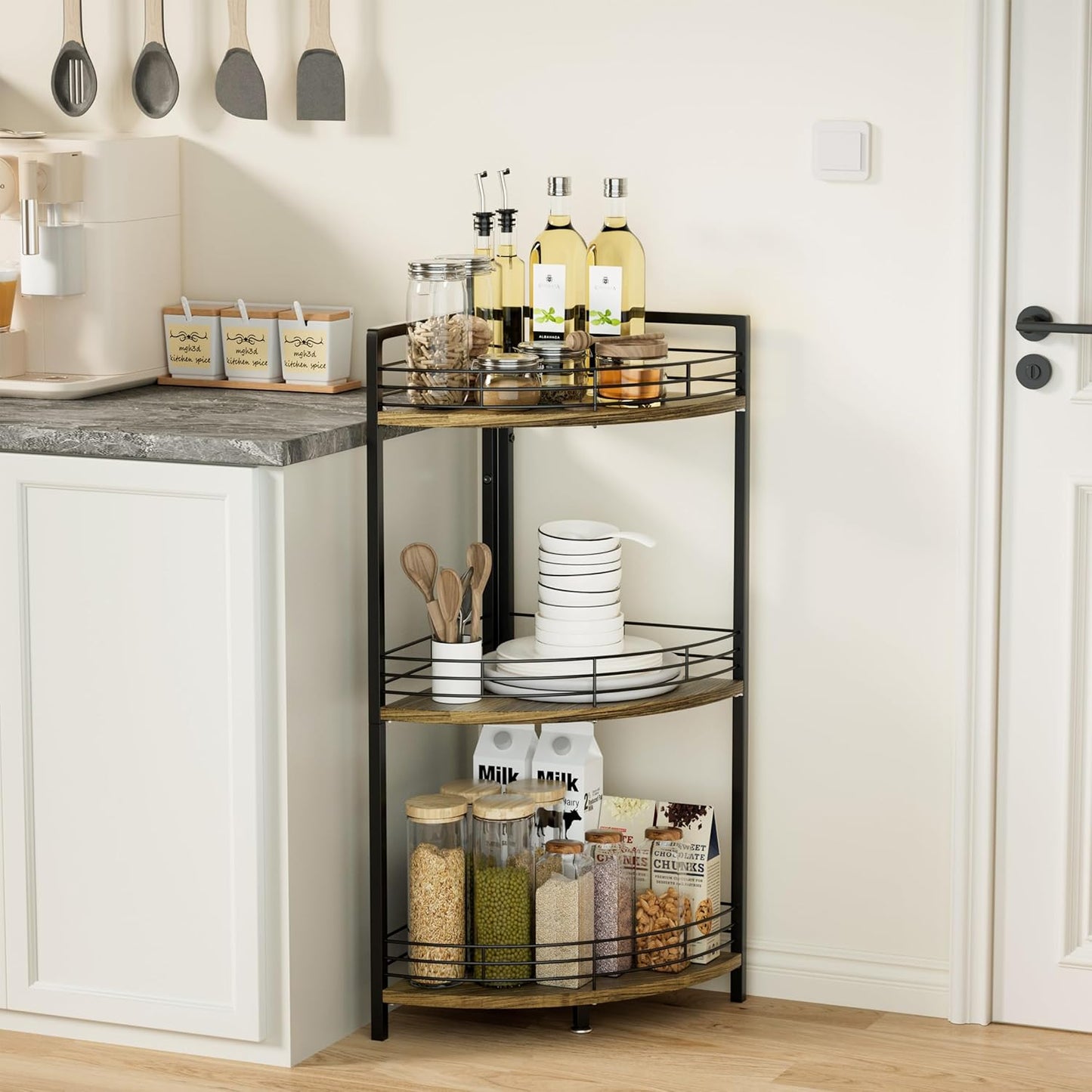 Bathroom Corner Shelf Stand, 3-Tier Small Corner Shelves, Triangular Curved Standing Bathroom Shelf Unit for Small Spaces, Ideal for Kitchen, Vanity Storage and Organization - Brown