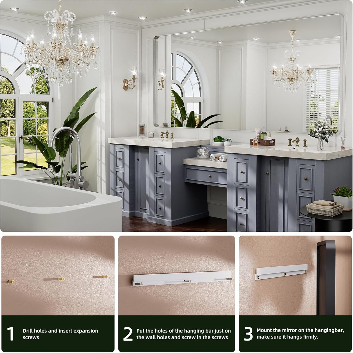 Hasipu Brushed Silver Bathroom Mirror 63x35 Inch Rounded Rectangle Vanity Mirror Metal Framed Wall Mirrors Anti-Rust Surface Mount (Horizontal/Vertical)