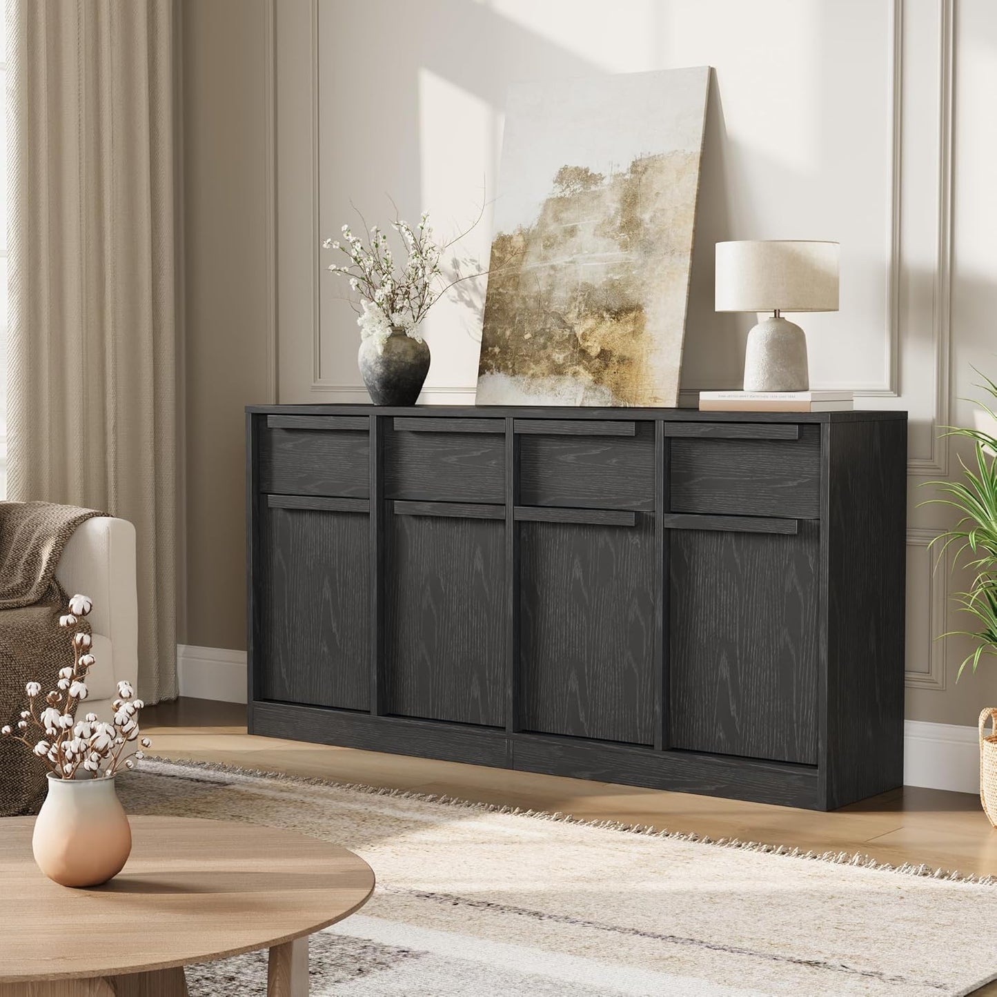 GarveeHome Sideboard Buffet Cabinet with 4 Drawers, 62.4" Large Coffee Cabinet with Storage, Modern Storage Buffet Table for Kitchen Dining Room, Living Room (Black, 4 Doors & 4 Drawers)