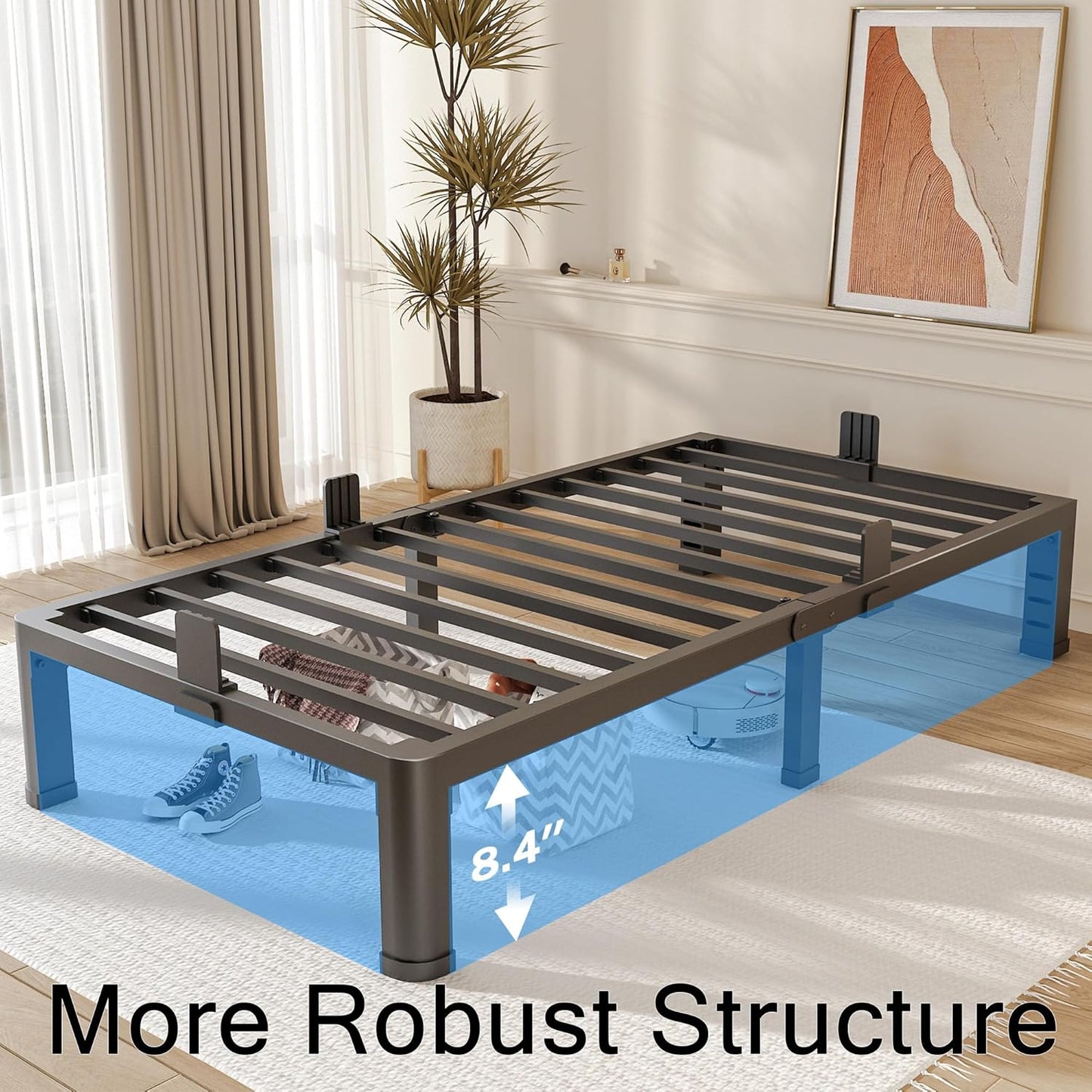 FUIOBYVV 10 Inch Twin XL Bed Frame with Rounded Corner and Headboard Hole Mattress Retainers 3500 LBS Metal Heavy Duty Steel Slats Support No Box Spring Needed Platform Noise Free Easy Assembly