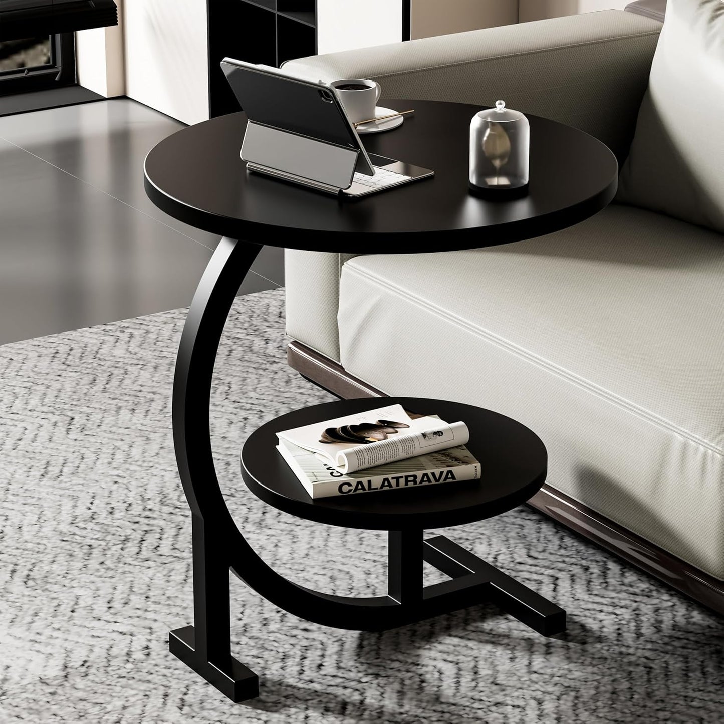 C-Shaped End Table,2 Tiers Round Side Table,Sofa Small Side Table for Living Room, Bedroom,Bedside Small Space,Black
