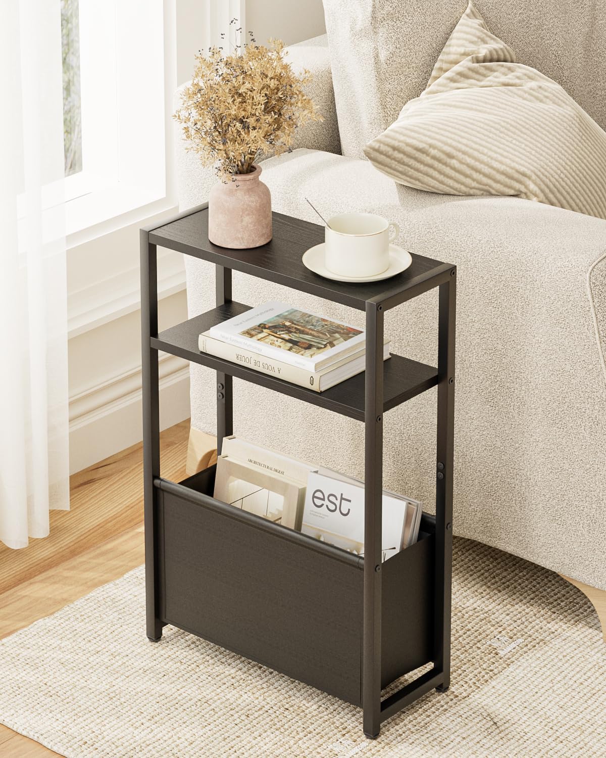 Narrow Side Table End Table, 3-Tier Side Table with Storage Bag, Narrow Nightstand for Small Spaces, Bedside Table for Living Room, Bedroom, Black