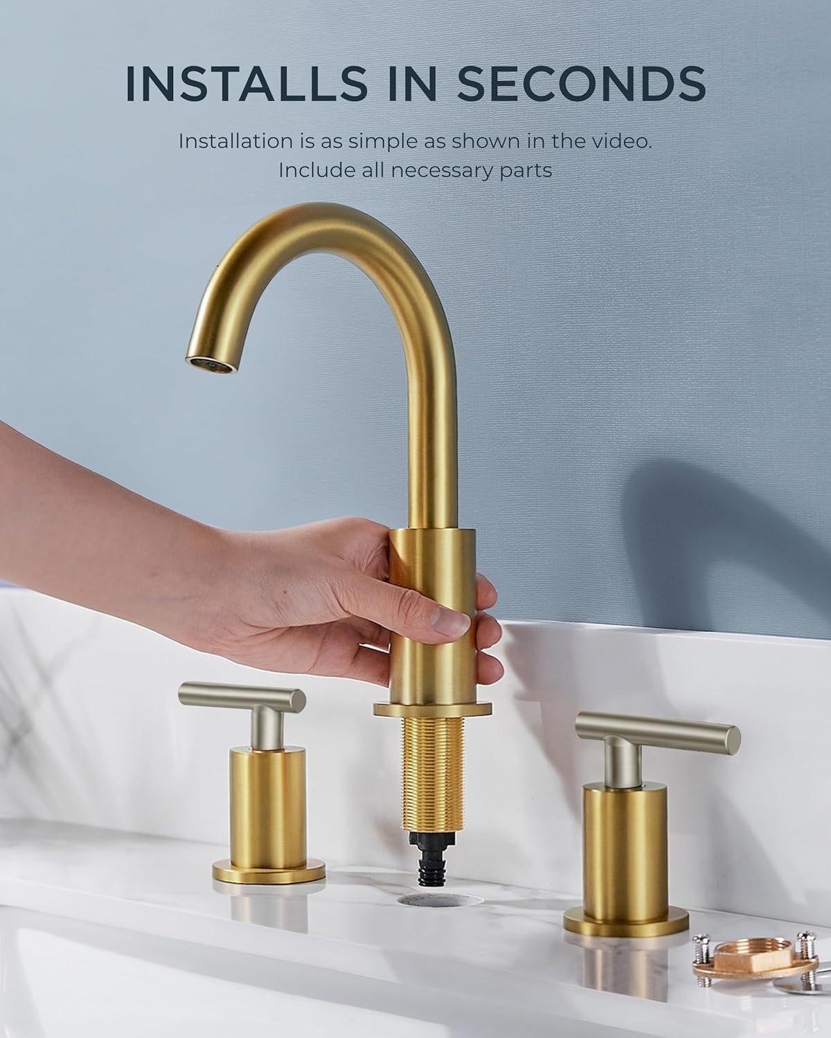 FORIOUS Brushed Nickel and Gold Bathroom Faucet 3 Hole, Lead-Free 8 in Widespread Bathroom Vanity Faucet Brushed Gold and Silver with Metal Pop-up Drain, cUPC Supply Hoses, and 1.2 GPM Spare Aerator